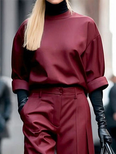 Long Sleeves Loose Solid Color Round-Neck Hoodies&Sweatshirt Tops