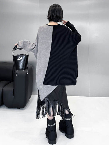 1720144 Batwing Sleeves Irregularity Asymmetric Contrast Color Split-Joint Textured V-Neck Sweater Tops