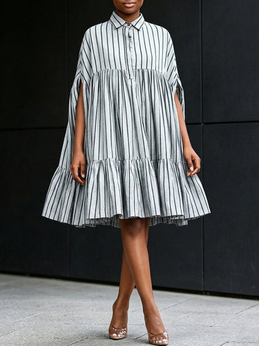 1781115 A-Line Batwing Sleeves Buttoned Contrast Color Pleated Ruffle Trim Split-Joint Striped Lapel Midi Dresses