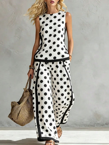 1787587 Sleeveless Contrast Color Polka Dot Round-Neck Tank Top