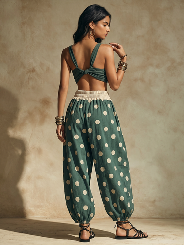 1776672 High Waisted Wide Leg Contrast Color Drawstring Elasticity Pockets Polka Dot Ankle-Tied Pants Trousers