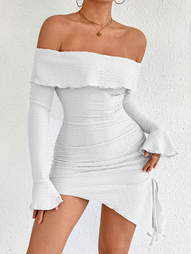 1755055 Bodycon High Waisted Asymmetric Drawstring Pleated Solid Color Split-Joint Off-The-Shoulder Mini Dresses