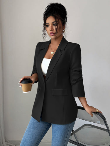 1733822 Langärmliger, locker sitzender Blazer mit geknöpften Taschen, einfarbigem Design und Reverskragen 