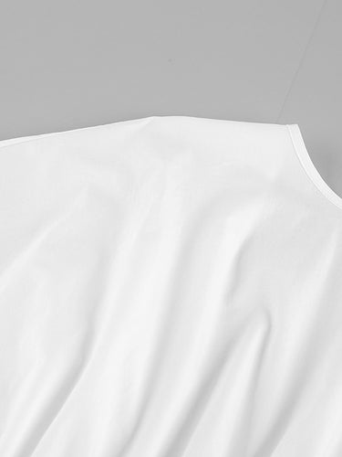 1742222 Elasticated Waist High Waisted Pleated Solid Color Split-Joint Tied Waist Round-Neck Blouses&Shirts Tops