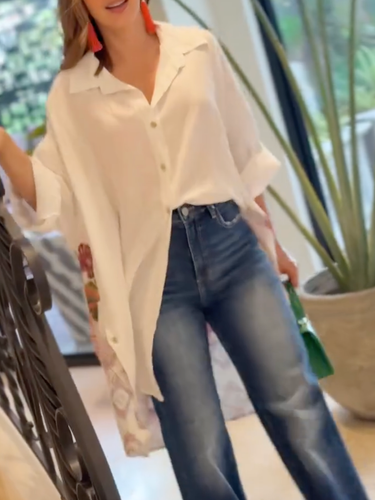 1788792 Split-Joint Flower Print Contrast Color Buttoned Butterfly Print Loose Long Sleeves Lapel Blouses&Shirts Tops