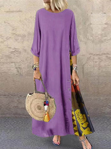 1782305 Loose Plus Size Buttoned Contrast Color Printed Round-Neck Midi Dresses