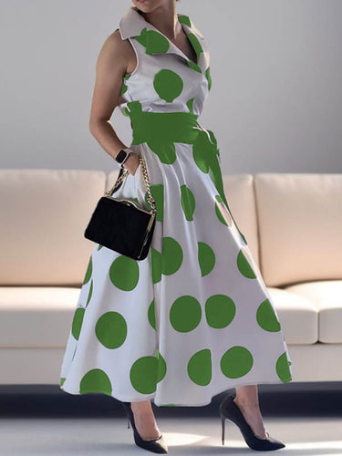 1651612 A-Line Sleeveless Polka-Dot Split-Joint Tied Waist Lapel Maxi Dresses Shirt Dress
