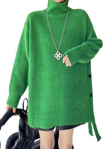 1734802 Irregularity Long Sleeves Buttoned Ribs Solid Color Split-Joint High Neck Sweater Tops