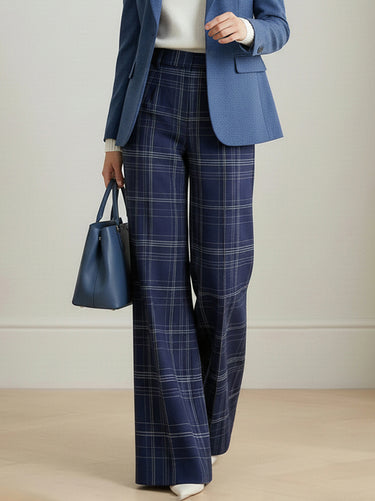High Waisted Wide Leg No Belt Plaid Pleated Pockets Pants Trousers