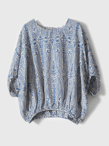 1498920 Batwing Sleeves Bow-Embellished Floral Printed Round-Neck Blouses&Shirts Tops
