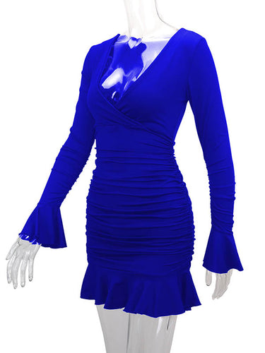 1726368 Bodycon Elasticated Waist Pleated Ruffled Solid Color Split-Joint V-Neck Midi Dresses