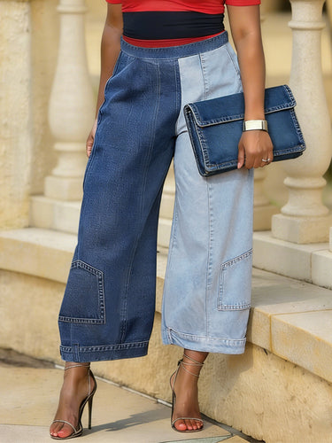 Lockere Jeanshose mit weitem Bein und kontrastfarbenen Taschen