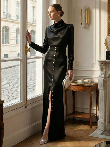 Split-Joint Heaps Collar Long Sleeves Pleated Blouses&Shirts Tops + Elasticated Waist Asymmetric Buttoned  Contrast Color Split-Side Zipper Skirts Bottoms Two Pieces Set