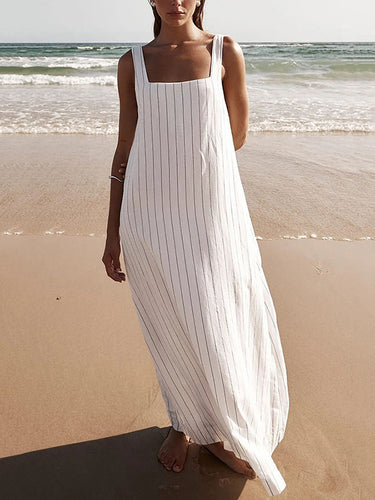Vestidos maxi de cuello cuadrado de rayas a rayas a una línea A