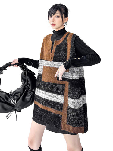 1734791 Loose Sleeveless Contrast Color Geometric Split-Joint Striped V-Neck Outerwear Vest Top