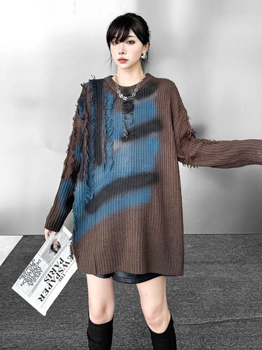 1720245 Irregularity Long Sleeves Abstract Printed Asymmetric Contrast Color Split-Joint Tasseled Round-Neck Sweater Tops