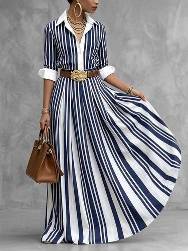 1781520 A-Line Loose Buttoned Contrast Color No Belt Striped Lapel Maxi Dresses