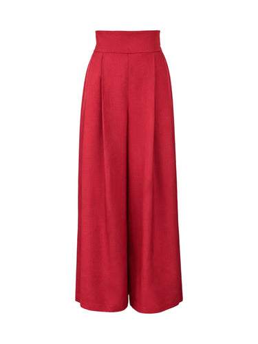 Elastische taille, hoge taille, grote zoom, geplooide zakken, effen kleur, ritssluiting, wijde pijpen