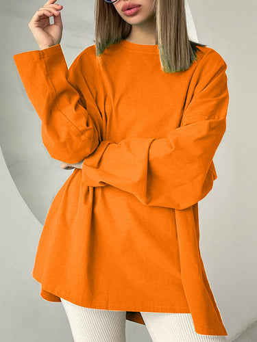 ハイロウの長袖ソリッドカラースプリットジョイントスプリットサイドラウンドネックTシャツ