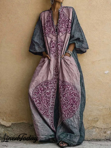 Loose Three-Quarter Sleeves Contrast Color Ethnic Printed Pockets V-Neck Jumpsuits