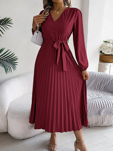 1713862 High Waisted Long Sleeves Belted Buttoned Pleated Solid Color V-Neck Maxi Dresses