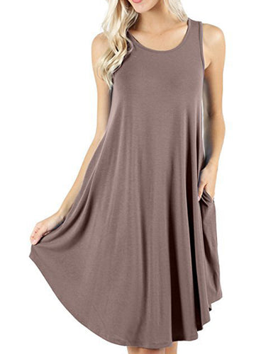 1511244 Loose Pockets Sleeveless Solid Color Spaghetti-Neck Mini Dresses