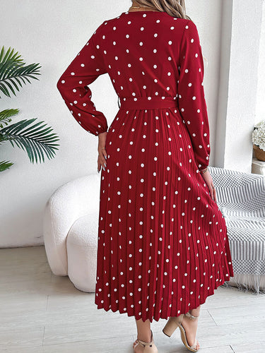 1756169 High Waisted Long Sleeves Pleated Polka Dot Tied Waist V-Neck Maxi Dresses Shirt Dress