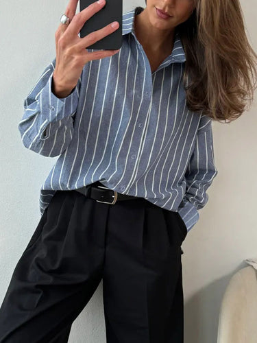 1751479 Long Sleeves Loose Buttoned Contrast Color Split-Joint Striped Lapel Blouses&Shirts Tops