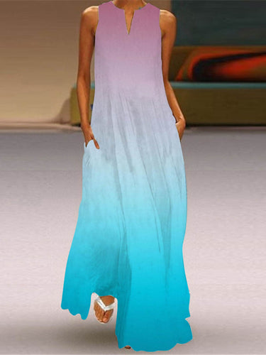 1739002 A-Line Loose Contrast Color Pockets Printed Split-Joint V-Neck Maxi Dresses