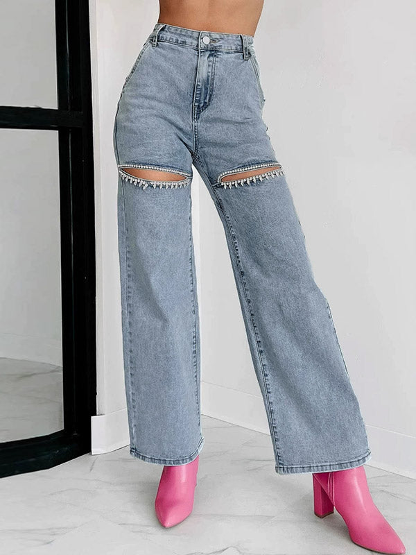 Split Rear Pants High Waisted Straight Leg Ripped Split-Joint Jean Pants Bottoms ...