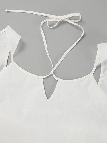 1784242 High Waisted Loose Backless Hollow Pockets Solid Color Split-Joint Halter-Neck Blouses&Shirts Tops Pants Trousers Two Pieces Set