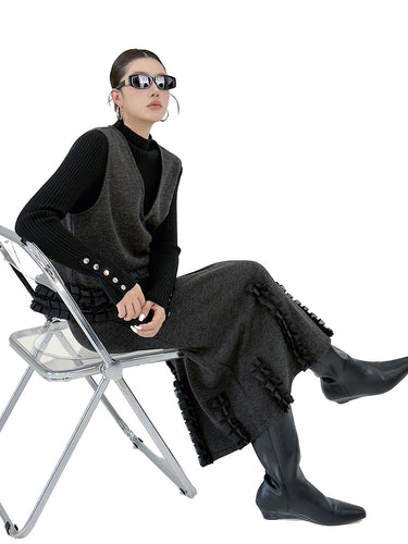 1734772 Contrast Color Ruffled Split-Joint V-Neck Vest Top + Elasticated Waist High Waisted Pleated Skirts Bottoms Two Pieces Set