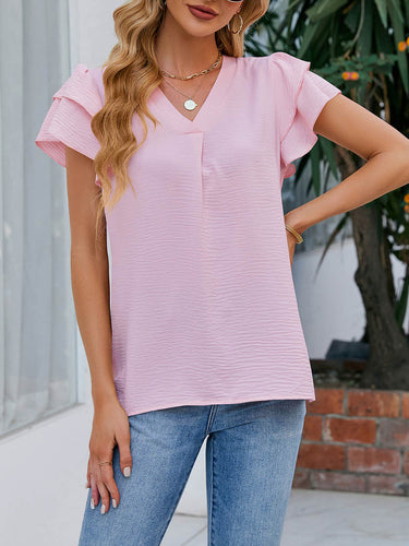 1753222 Blusas de cor sólida com mangas soltas com babados e decote em V texturizado com abertura lateral.&Scamisas Tops