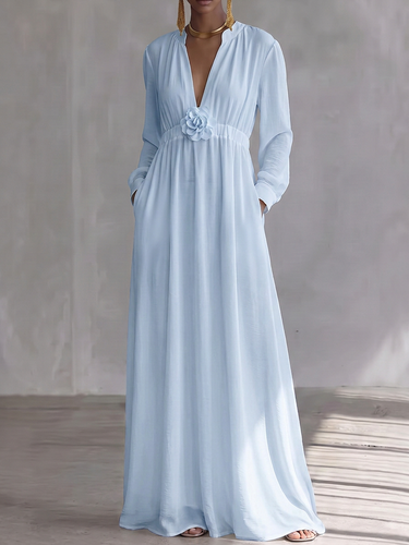 1784425 High Waisted Long Sleeves Elasticity Pleated Pockets Solid Color Three-Dimensional Flower V-Neck Maxi Dresses