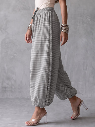 1788983 Pockets Plaid Elasticity Drawstring Wide Leg Loose Trousers Pants