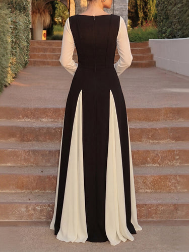 1781427 A-Line High Waisted Contrast Color Pleated See-Through Split-Joint Square-Neck Maxi Dresses