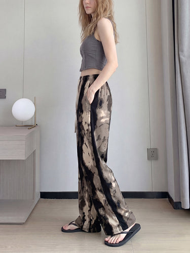 1781217 High Waisted Wide Leg Drawstring Elasticity Printed Pants Trousers