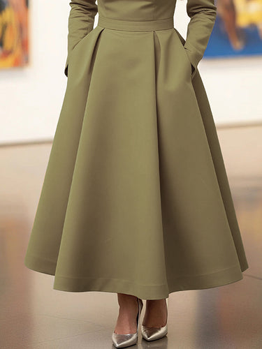 1718833 A-Line High Waisted Pleated Pockets Solid Color V-Neck Maxi Dresses