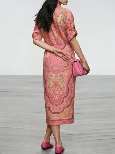 1782097 H-Line Three-Quarter Sleeves Buttoned Contrast Color Printed Split-Front Split-Side Lapel Midi Dresses