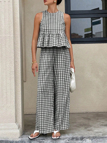 1768651 A-Line Loose Plaid Pleated Split-Joint Round-Neck Vest Top + Pants Bottom Suits