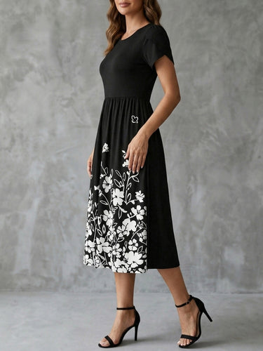 1781178 A-line High Waisted Contrast Color Flower Print Pleated Pockets Split-Joint Round-neck Midi Dresses