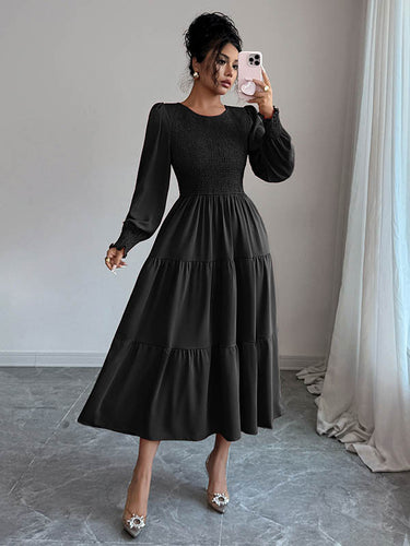 1731553 Elasticated Waist High Waisted Pleated Solid Color Split-Joint Round-Neck Midi Dresses