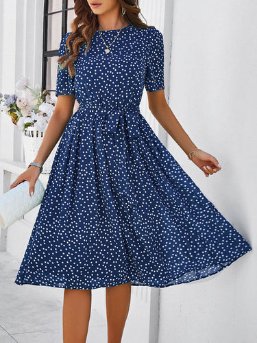 1746075 A-Line Elasticated Waist Contrast Color Polka Dot Split-Joint Tied Waist Round-Neck Midi Dresses