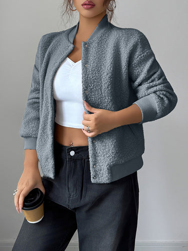 1725215 Long Sleeves Buttoned Elasticity Pockets Solid Color Collarless Jackets&Coats