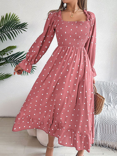 1756105 High Waisted Long Sleeves Pleated Polka Dot Ruffled Square-Neck Maxi Dresses Shirt Dress