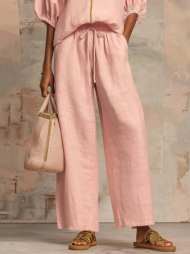 1783215 Half Sleeves Loose Drawstring Elasticity Pockets Solid Color Zipper Round-Neck Blouses&Shirts Tops Pants Trousers Two Pieces Set
