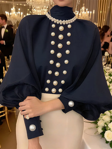 Loose Puff Sleeves Solid Color High Neck Blouses&Shirts Tops