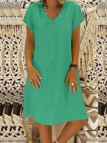 Vestidos midi de color en V de color sólido suelto de línea A