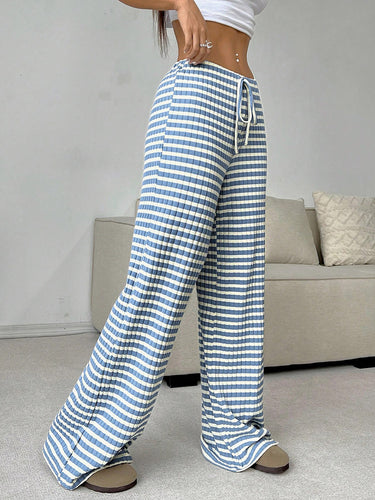 1751367 Elasticated Waist High Waisted Contrast Color Drawstring Split-Joint Striped Pants