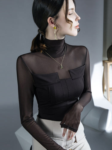 1713803 Long Sleeves Skinny See-Through Solid Color Split-Joint High Neck Blouses&Shirts Tops